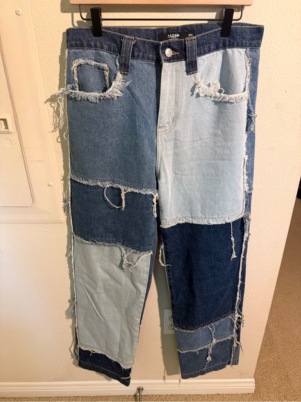 Jaded London W30 Patchwork Distressed Raw Hem Wide Leg Jeans
